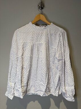 Loft Boho Chic White and Blue Ruffle Neck Long Sleeve Blouse - Size Large